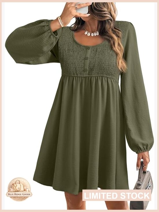 Dresses & Skirts - Long Sleeve Smocked Empire Waist A-Line Mini Dress Casual Elegant Chic
